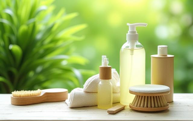 環境に優しい清掃用品と緑の植物